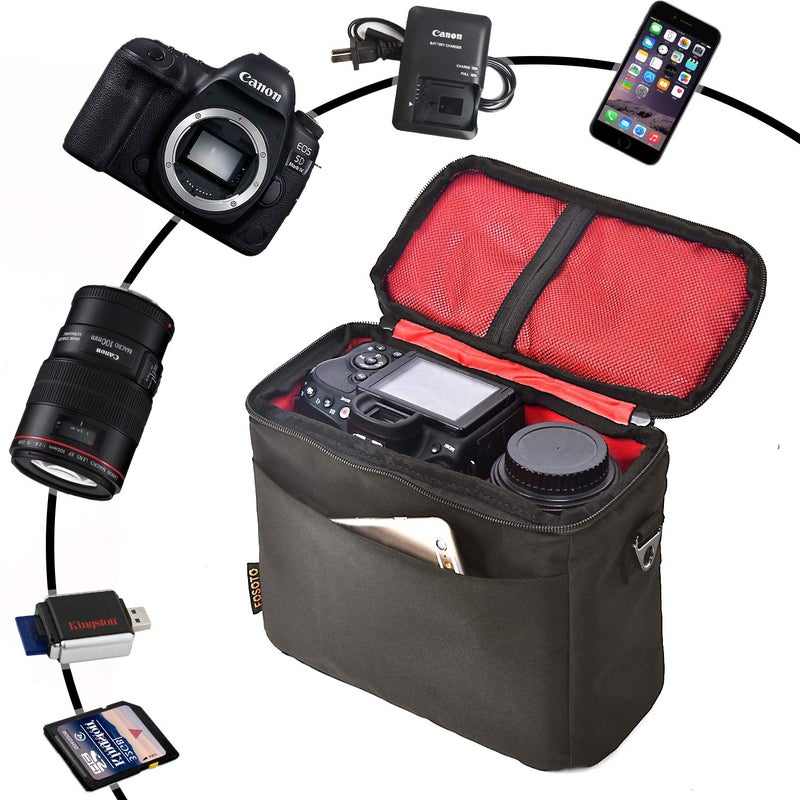 FOSOTO حقيبة كاميرا فوسوتو مبطنة مع غطاء مطري إضافي متوافقة مع كانون EOS Rebel T3i T5 T6 4000D SL2 نيكون B500 D3400 باناسونيك لوميكس FZ80 كاميرا DSLR SLR عدسة (أسود) - Image 2